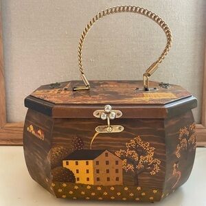 Vintage 1970’s Decoupage Wooden Purse Folk Art Americana